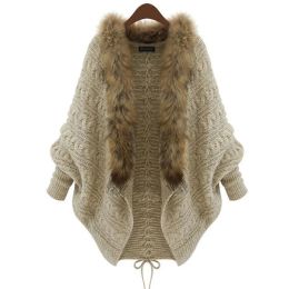 Cardigans Women Cardigan Sweater Thick Poncho Capes Autumn Winter Femme knitted Bat Sleeve Fur Collar Wool Sweater Knitted Long Cardigan