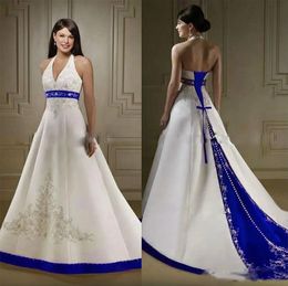 And Vintage White Royal Blue Satin Dress Strapless Embroidery Chapel Train Corset Custom Made Bridal Dresses Wedding Gowns es