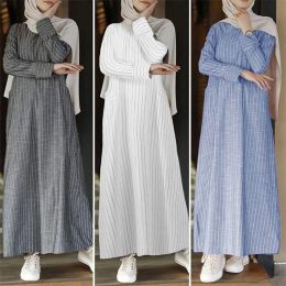 Dress Women Muslim Cotton Linen Long Veiled Maxi Dress Modest Long Sleeve Dress Striped Abaya Turkey Robe Islamic Kaftan With Pockets