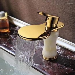 Bathroom Sink Faucets Luxury Wide Spout Golden-Plated Solid Brass Marble Waterfall Basin Faucet Single Handle And Cold Water Mixer Tap