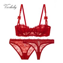 Varsbaby Bowknot half cup bra three-piece bra briefs thong sexy cute underwear plus size bra set 240304