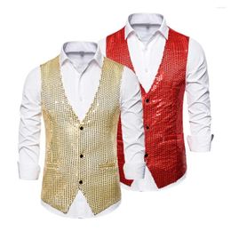 Men's Vests Polyester Men Vest Sequin V Neck Bow Tie Set For Retro Disco Groom Wedding Party Single-breasted Sleeveless Waistcoat