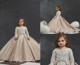 Champagne Ball Gown Flower Girl Dresses Lace Appliqued Satin Long Sleeve Girls Pageant Dress Little Girl First Holy Communion Gown4121028