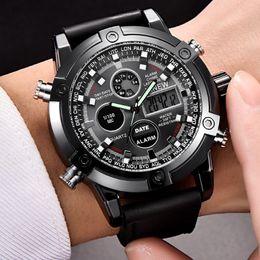 holdone XINEW Men Dual Movt Men's Leather Quarz Analog Digital LED Sport Wrist Watch Waterproof 3bar Clock Erkek Kol Saa250c