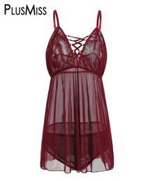 PlusMiss Plus Size Black Sexy Babydoll Erotic Sex Lingerie Dress Costume Transparent See Through Baby Doll Chemise Big Size Y14079554