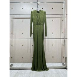 Slim Fit Long Dresses Party Wear 2024 Spring Top Quality Heavy Industry Hot Diamond Double Layer Army Green Dress Dinner Wear FZ2403061