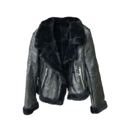 Fur Winter Women Leather Jacket Thick Warm Real Lambs Wool Fur Collar Coat Motorcycle Zipper Outerwear Patchwork Bomber Jacket Short