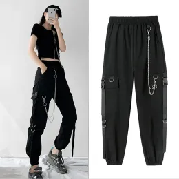 Capris 2023 Spring Summer Cargo Women's Pants Punk Black Female Joggers Streetwear Harem AnkleLength Trousers with chain