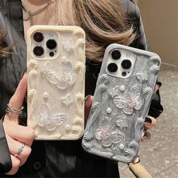 Cell Phone Pouches INS Crystal Butterfly Pearl Cream Wavy Edge Phone Case Pro Max Cute Candy Love Heart Silicone CoverH240307