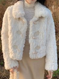 Fur Faux Fur Coat Women Autumn Winter Warm Long Sleeve Fluffy Jacket Female Korean Fashion Vintage Horn Button Short Plush Outerwear