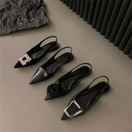 Hot Flat Black Toe Sandals Fairy Shoes Spring Summer Sandal Women Pointed Rhinestone Temperament Single Shoe Sandles Heels 240228