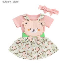 Jumpsuits Newborn Baby Girl Romper Solid Colour T Shirt Tees Top Bear Embroidery Belt Skirt Suit Headband 3Pcs Spring Clothes L240307