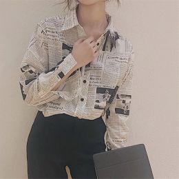 Shirt Gidyq Fashion Women Chiffon Shirts Korean Casual Newspaper Print Female Loose Tops Bf Streetwear All Match Shirts