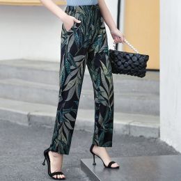 Capris 2023 New Women Harem Pants Summer Bottoms with Print Casual Elastic Waist Plaid Pants Women AnkleLength High Waist Trousers