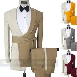 Suits Formal Beige Camel Patchwork Belt Men Suit 2 Pieces Blazer Tailored Jacket Wedding Men Suits For Men Elegant Groom Tuxedo Pants