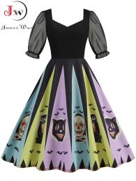 Dress Halloween Cosplay Dress Women Mesh Short Sleeve Print Vintage Halloween Costumes Party Dresses 2023