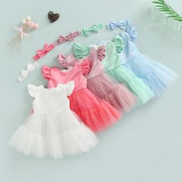 Girl Dresses CitgeeSummer Kids Girls Dress Solid ColorMesh Splicing Tie Up Fly Sleeve Princess Skirt Headwear Clothes