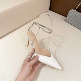 Sell Summer Sandal Women White Sexy Back Empty Crystal Chain Rhinestone Pointed Thin Heel Sandals Single Shoes Wedding Sandles Heels 240228