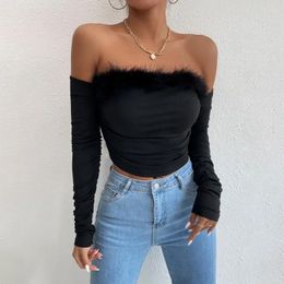 Women's Blouses Backless Long Sleeve Sexy Crop Tops Women Vintage Solid Slim Shirt Fashion Feathers Off Shoulder Blouse Elegant Clothing