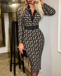 NEW 24SS Fashion brand Dresses Women Midi Dress Solid Long Sleeve Zipper V-neck Stacked Strechy Knee Length Office Lady Streetwear Casual Sexy Dresses