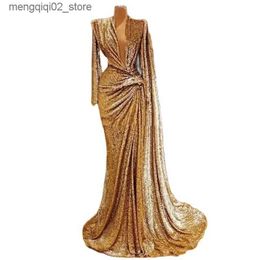 Urban Sexy Dresses Gold Sequined Mermaid Evening Dresses Long Sleeves Ruched Deep V Neck Prom Dress Dubai African Formal Party Gowns Vestidos de gala Q240307