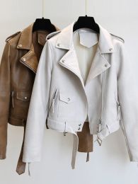 Jackets Ftlzz Spring Autumn Women Faux Leather Jacket Slim Streetwear Khaki Leather Coat Biker Moto Jacket with Belt Female Outerwear