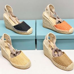 New Womens Wedge Sandals Designers Espadrilles High Heels Leather Platform Heels Ankle Lace-up Summer Fashion Straw Casual Shoes With Box 536