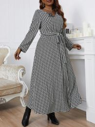 Dresses LW Plus Size dress Houndstooth Bandage Design A Line Dress Women Autumn Long Sleeve Maxi Dress Female Elegant Loose A Line Dress