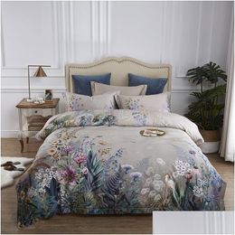 Bedding Sets 100% Egyptian Cotton Us Size Queen King 4Pcs Birds And Flowers Leaf Grey Shabby Duvet Er Bed Sheet Pillow Drop Delivery Dh3Vg