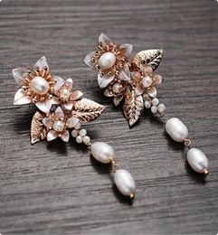 Dangle Chandelier Vintage Gold Colour Floral Wedding Earrings Pearls Bridal Accessories Jewellery Hand Wired Women EarringDangle2596693