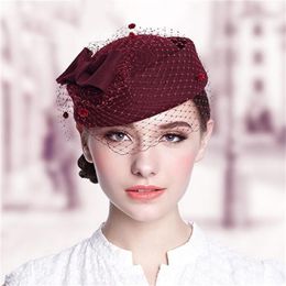 Berets Caps For Women Bride Elegant Wool Gauze Bow Airline Stewardess White Women's Fedora Caps Formal Lady Hat Royal Style266U