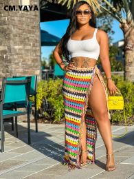 Skirt CM.YAYA Women Beach Holiday Rainbow Striped Knit Ribbed Bowknot Waist High Side Slit Tassel Hem Maxi Long Straight Skirt 2023