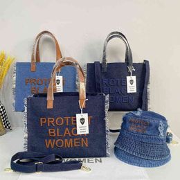 New Totes Protect Black Women Handbag For Woman Trend Denim Shoulder Bag Letter Embroidery Ladies Crossbody Purse Travel Shopping 2543