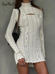 Dress ByeMyLove Crochet Knit Dress Tear Short Dress Long Sleeve Hollowed Out High Neck Cut out Neck Knitwear Holes Dress Slim Fashion