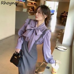 Shirt Women Shirts Ruffle Purple Long Sleeve Elegant Simple Bow Allmatch Streetwear Lovely Fashion Tops Korean Style Sweet Shirt