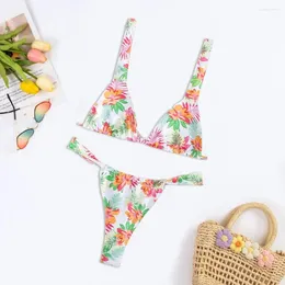 Women's Swimwear Women Beachwear Floral Print V-neck Bikini Set With High Waist Reversible For Quick Drying Swimsuit