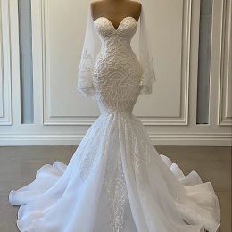 Elegante branco sereia vestidos de casamento manga longa vestidos de noiva contas rendas apliques nigeriano árabe vestido de casamento robe de