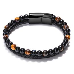 Beaded Strand Volcanic Natural Stone Tiger Eye Beaded Bracelet Rows Leather Bracelets Wristband Bangle Cuff For Men Fashion Jewelry D Dhms9