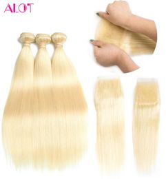 Brazilian Virgin Hair 613 Blonde Human Hair 3 Bundles With Lace Closure Blonde Straight Hair Bundles With 44 Lace Closure7851755