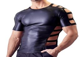 mens sexy faux leather t shirts Male fashion Men black nylon Tees tight shirts Gay Funny Undershirts Dancewear corset clothing4292806