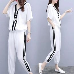 Suits 2022 New Summer VNeck TShirt Casual Elastic Waist Sports Pant Suit Female Loose Size 3XL Fashion TwoPiece Sets White