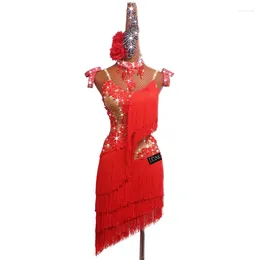 Stage Wear Latin Dance Dress Customized Adult And Children's Red Embroidered Tassel Rumba Performance Competition