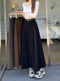 Skirts S-XL 3Colors Women A Line Pleated Long Skirt Autumn 2024 Korean Style High Waist Suit Female Belt (L5144