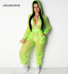 ANJAMANOR Sheer Mesh Casual One Piece Jumpsuit Women Organza Sexy Long Sleeve Zip Up Romper Neon Pink Green Orange D90AC12 Y200421143605