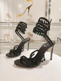 Sandálias de vento lustre de verão sapatos femininos cristais-embelezados cetim cobra contas embrulhado cinta vestido de festa salto alto senhora sandalias EU35-43