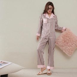 Women's Sleepwear Spring Women Pyjamas Striped Printed Satin Nightwear Two-Pieces Long Sleeve Shirt Trouser Pyjamas Sleep Suit