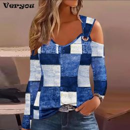 Blouse Fashion Woman Blouse 2023 Spring Metal Cold Shoulder Casual V Neck Long Sleeve Denim Printing Daily Top Y2K Clothes