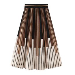 Skirts TIGENA Fall Winter Knitted Skirt Women 2023 New Vintage Contrast Striped Print A Line High Waist Pleated Midi Long Skirt Female