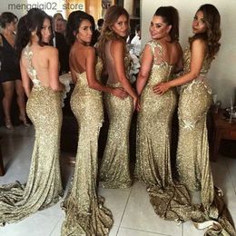 Urban Sexy Dresses Sparkly Bling Gold Sequined Mermaid Bridesmaid Dresses Backless Slit Plus Size Maid Of The Honor Gowns Wedding Dress Q240307