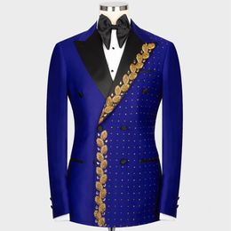 Royal Groom Wedding Tuxedos Gold Beads Lapel Mens Suits Custom Made Double Breasted Prom Blazer Pants 2 Pieces Man Party Dress 240304